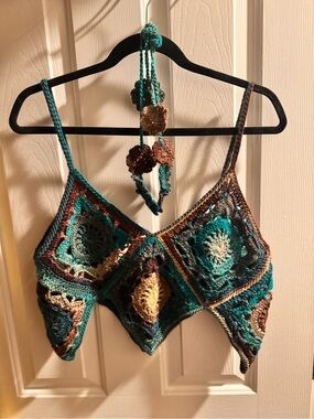 Handmade Crochet Crop Top in Teal, Brown & Cream